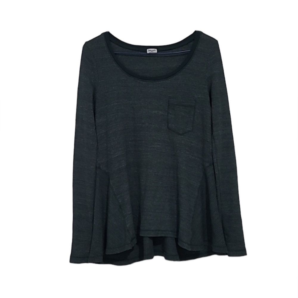 Splendid Green Round Neck Waffle Knit Flowy Hem Long Sleeve Thermal Top